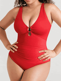 Deep V Metal Ring Ruched Sculpting Swimsuit